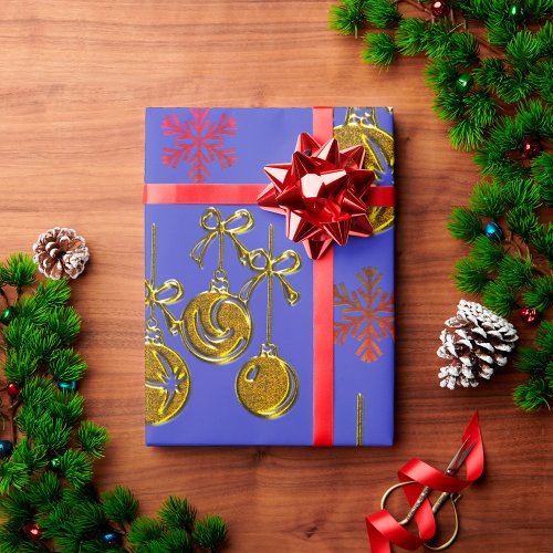 Golden Baubles and Snowflakes Blue Christmas Wrapping Paper