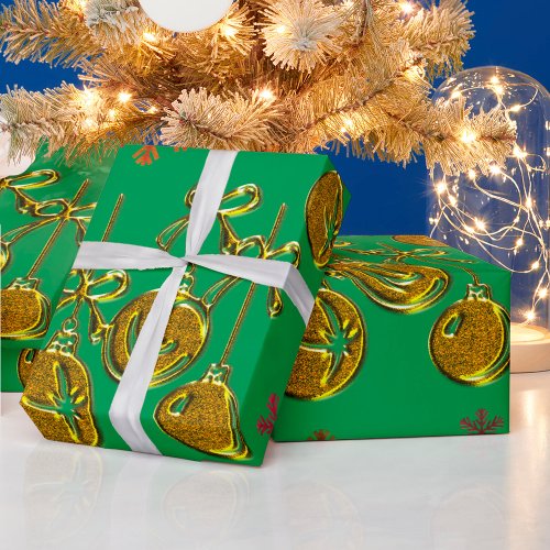 Golden Baubles and Snowflakes Green Christmas Wrapping Paper