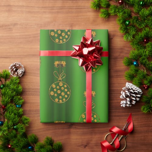 Golden Baubles on Green Christmas Wrapping Paper