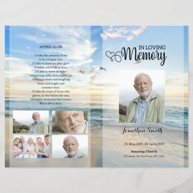 Golden beach Funeral Program template | Zazzle