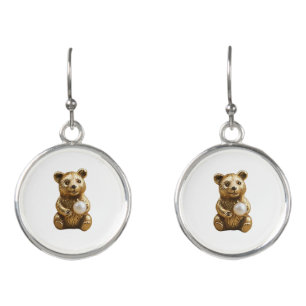 Golden Bear with White Pearl in Hands Earrings