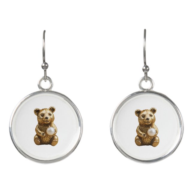 Golden Bear with White Pearl in Hands Earrings (Front)