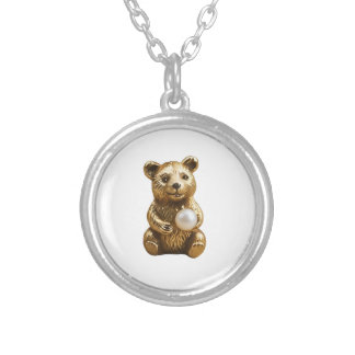 Golden Bear with White Pearl in Hands Earrings Silver Plated Necklace