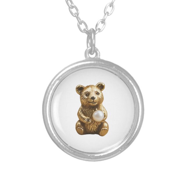 Golden Bear with White Pearl in Hands Earrings Silver Plated Necklace (Front)