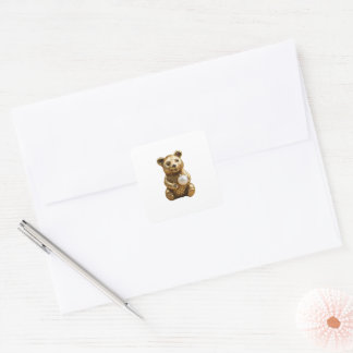 Golden Bear with White Pearl in Hands Earrings Square Sticker