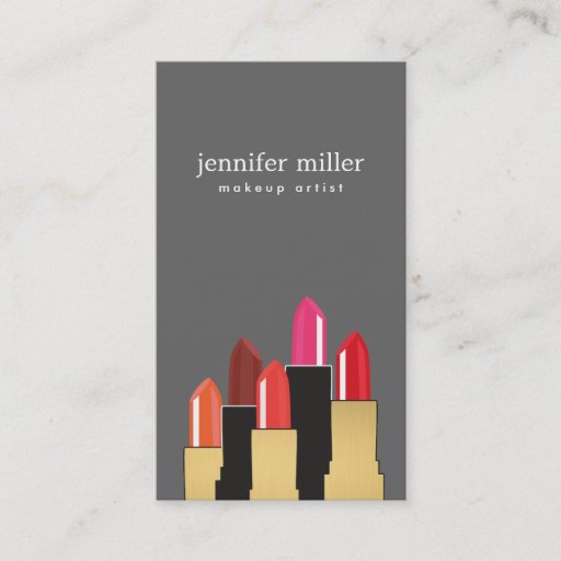 Customizable Golden Beauty and Lipstick Collage on Gray Business Cards