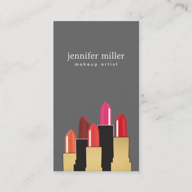 Golden Beauty and Lipstick Collage on Gray Business Card (Front)