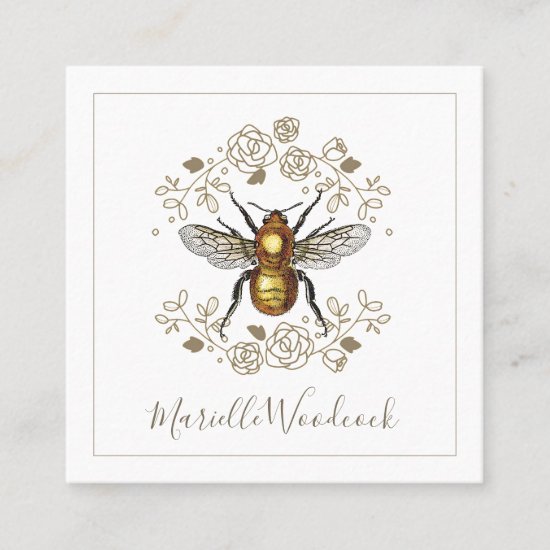 Golden Bee And Rose Floral Laurel Square Business Card