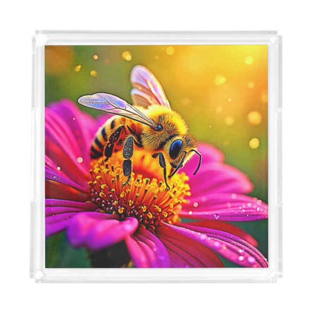 Golden Bee Flower Magic Light Design Acrylic Tray (Front)
