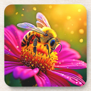 Golden Bee Flower Magic Light Design Beverage Coaster