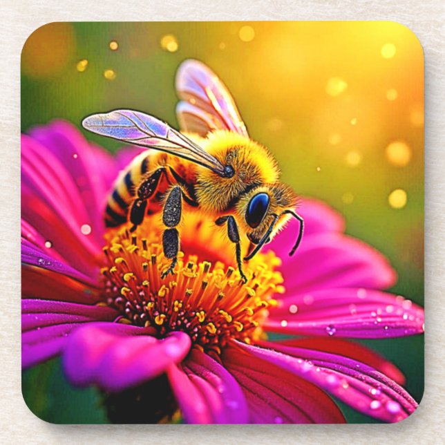 Golden Bee Flower Magic Light Design Beverage Coaster (Front)