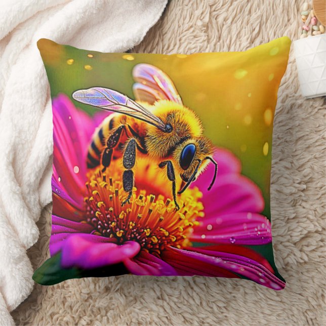 Golden Bee Flower Magic Light Design Throw Pillow (Blanket)