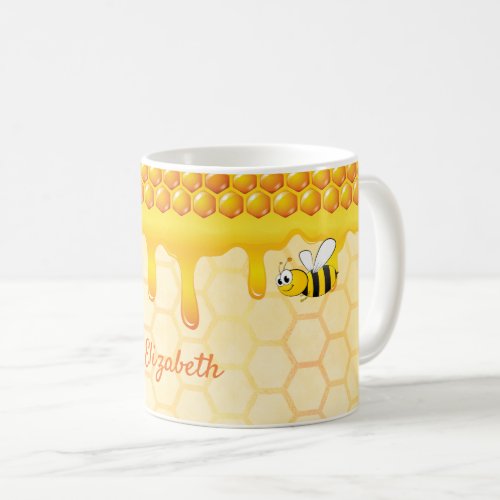 Golden bee honeycomb pattern honey dripping name coffee mug