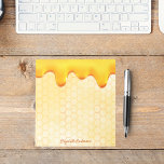 Golden bee honeycomb pattern honey dripping name notepad<br><div class="desc">Add some fun and humor to your summer grocery shopping lists or home office! Yellow,  white background with a bee honeycomb pattern. Decorated with dripping honey. Your name written with a golden hand lettered style script.</div>