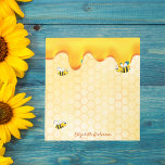 Golden bee honeycomb pattern honey dripping name notepad<br><div class="desc">Add some fun and humor to your summer grocery shopping lists or home office! Yellow,  white background with a bee honeycomb pattern and happy,  smiling bumble bees. Decorated with dripping honey. Your name written with a golden hand lettered style script.</div>