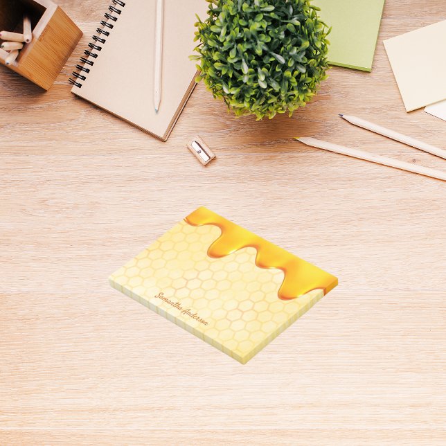 Golden bee honeycomb pattern honey dripping name post-it notes (Creator Uploaded)