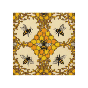 Golden Bee Honeycomb Pattern Wood Wall Art