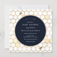 Golden Bee Navy Blue Baby Shower Invitation
