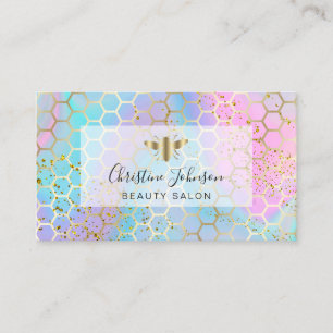 golden bee on FAUX glitter pastel honeycomb design Business Card