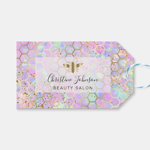golden bee on FAUX glitter pastel honeycomb  Gift Tags