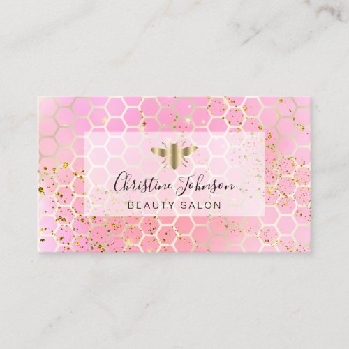 golden bee on FAUX glitter pink honeycomb Business Card