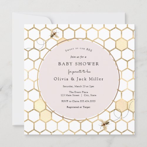 Golden Bee Pink Baby Shower Invitation