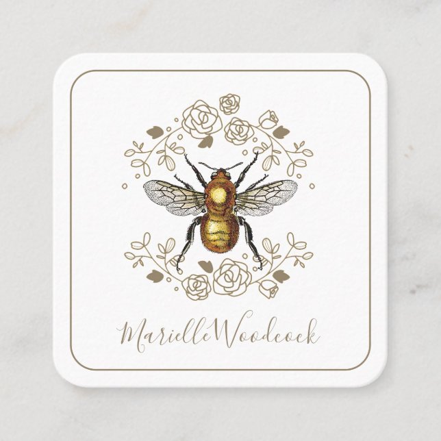 Golden Bee Rose Floral Laurel Square Business Card (Front)