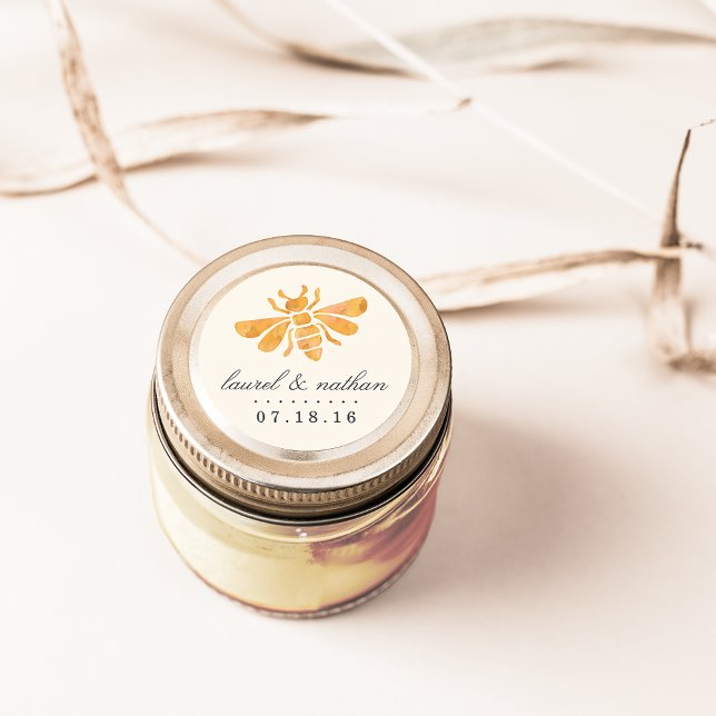 Golden Bee Watercolor Wedding Classic Round Sticker (Creator Uploaded)