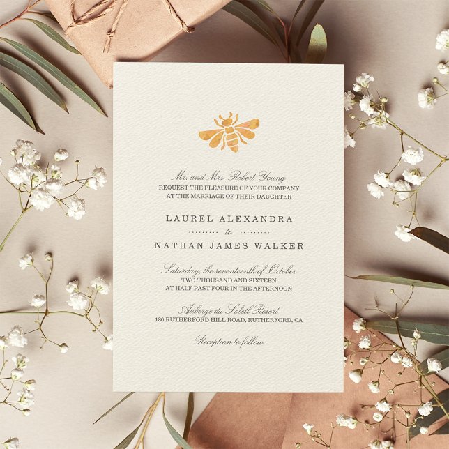 Golden Bee Watercolor Wedding Invitation (Creator Uploaded)