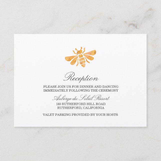 Golden Bee Watercolor Wedding Reception Card (Front)