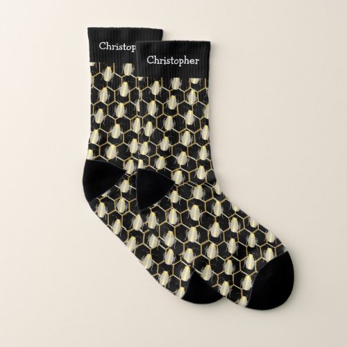 Golden Bees On Honeycomb Design Personalised Socks