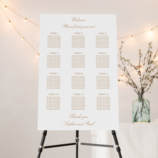 Golden Beige 12 Table Wedding Seating Chart Foam Board (In Situ (Stand))