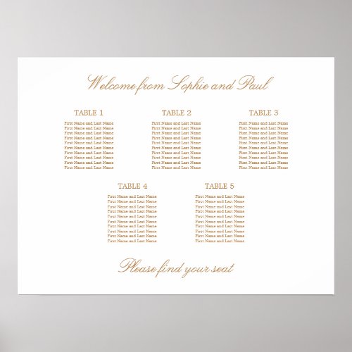 Golden Beige 5 Table Wedding Seating Chart Poster