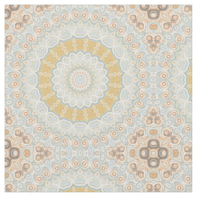 Golden Beige and Blue Mandala Pattern Design Fabric (Close Up)