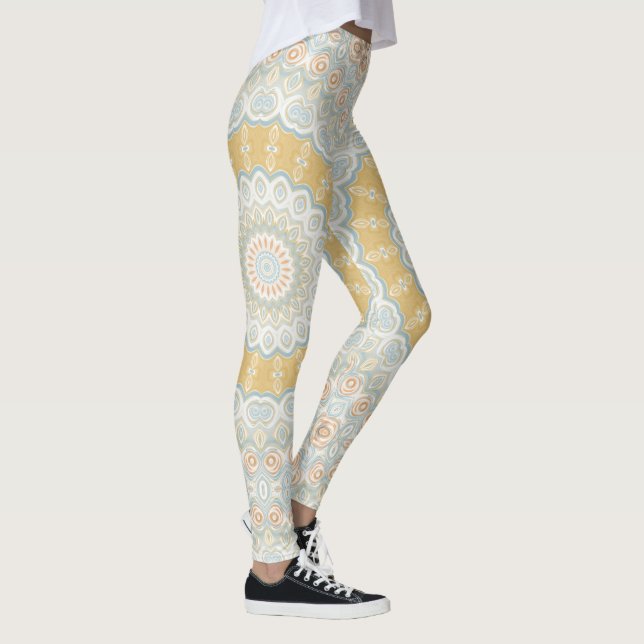 Golden Beige and Blue Mandala Pattern Design Leggings (Right)