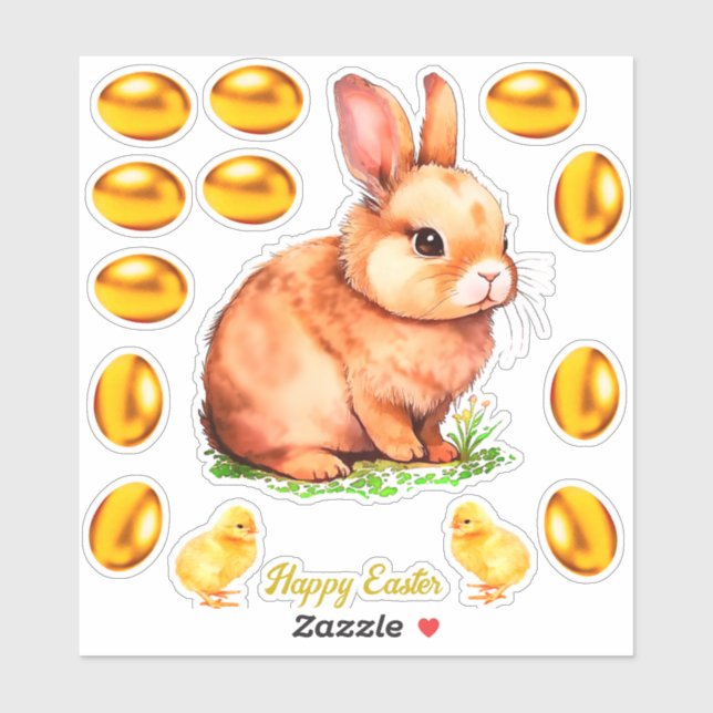Golden Beige Easter Bunny & Golden Eggs Sticker (Sheet)