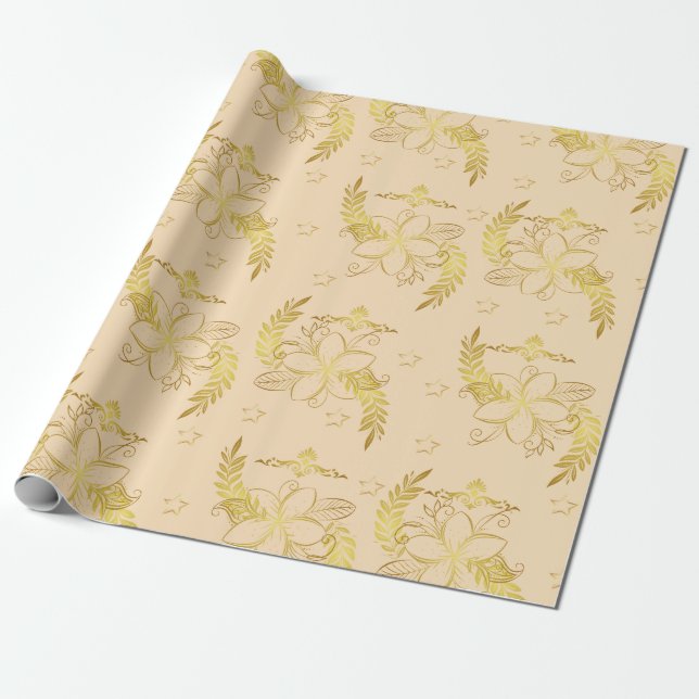 Golden Beige Flower Patterned Wrapping Paper (Unrolled)