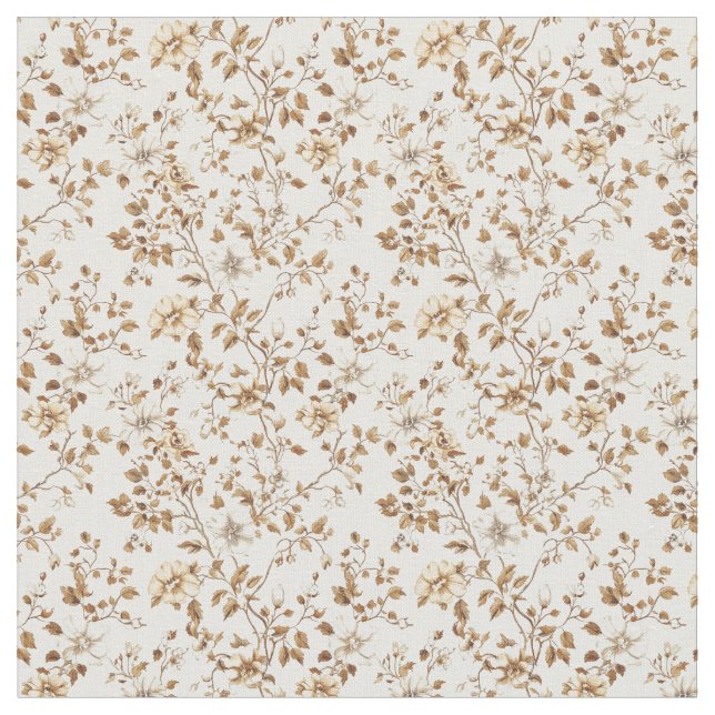 Golden Beige Toile with Roses and Blossoms Fabric (Close Up)