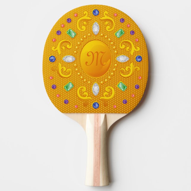 Golden Bejeweled Royal Mirror with Jewels and Gems Ping-Pong Paddle (Front)