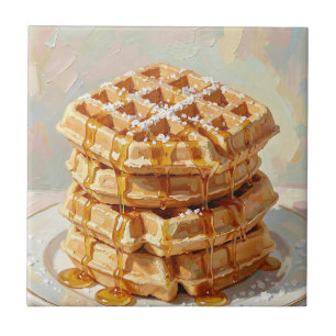 Golden Belgian Waffles Syrup Oil Painting Ceramic Tile