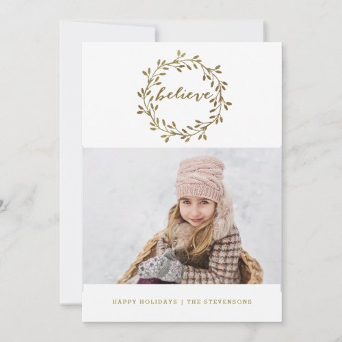 Golden Believe  Pretty Wreath Holiday Card