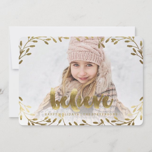 Golden Believe | Whimsical Wreath Holiday Card (Front)