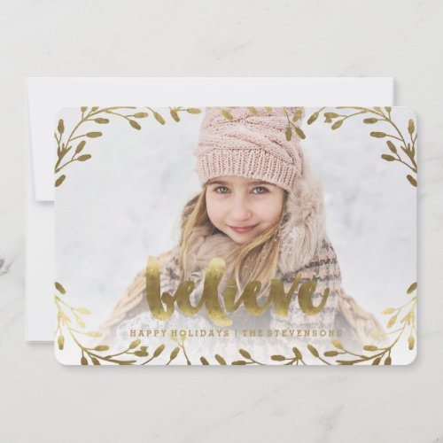 Golden Believe  Whimsical Wreath Holiday Card