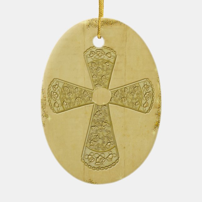 Golden Bell Cross Ceramic Ornament (Front)