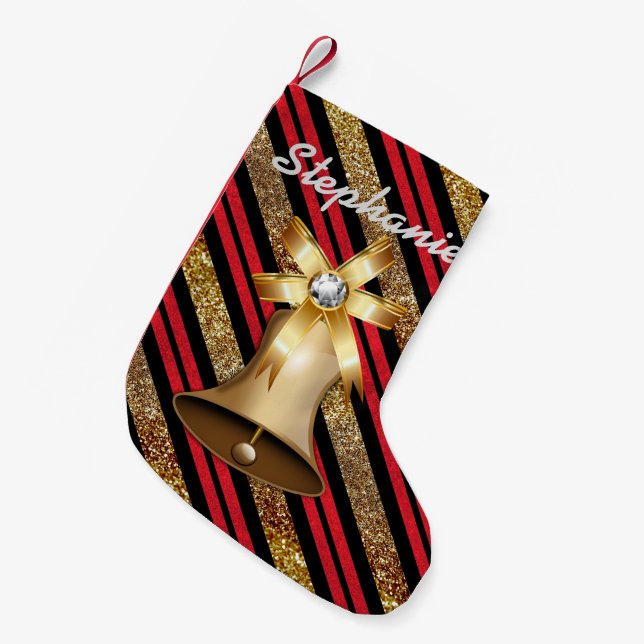 Golden Bell Red Gold & Black Faux Glitter Small Christmas Stocking (Front (Hanging))