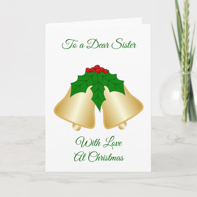 Golden Bells And Holly Design Sister Christmas Holiday Card (Front)