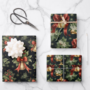 Golden Bells and Holly Leaves Wrapping Paper Sheets