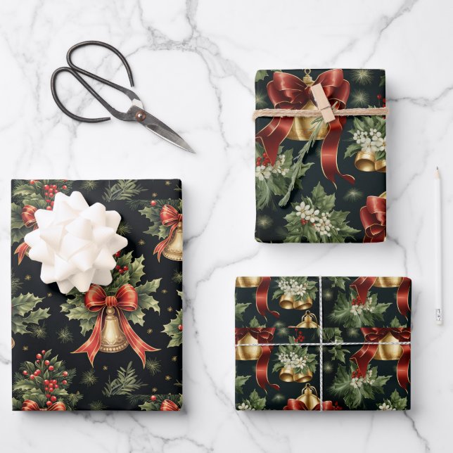 Golden Bells  and Holly Leaves Wrapping Paper Sheets (Front)