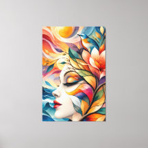 Golden Bird and Flower Woman Art