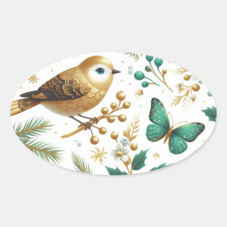Golden Bird Emerald Butterfly Botanical  Oval Sticker